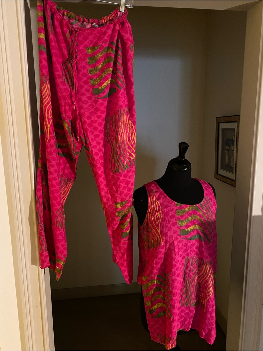 Vintage, two-piece, abstract pants set, pink, green..